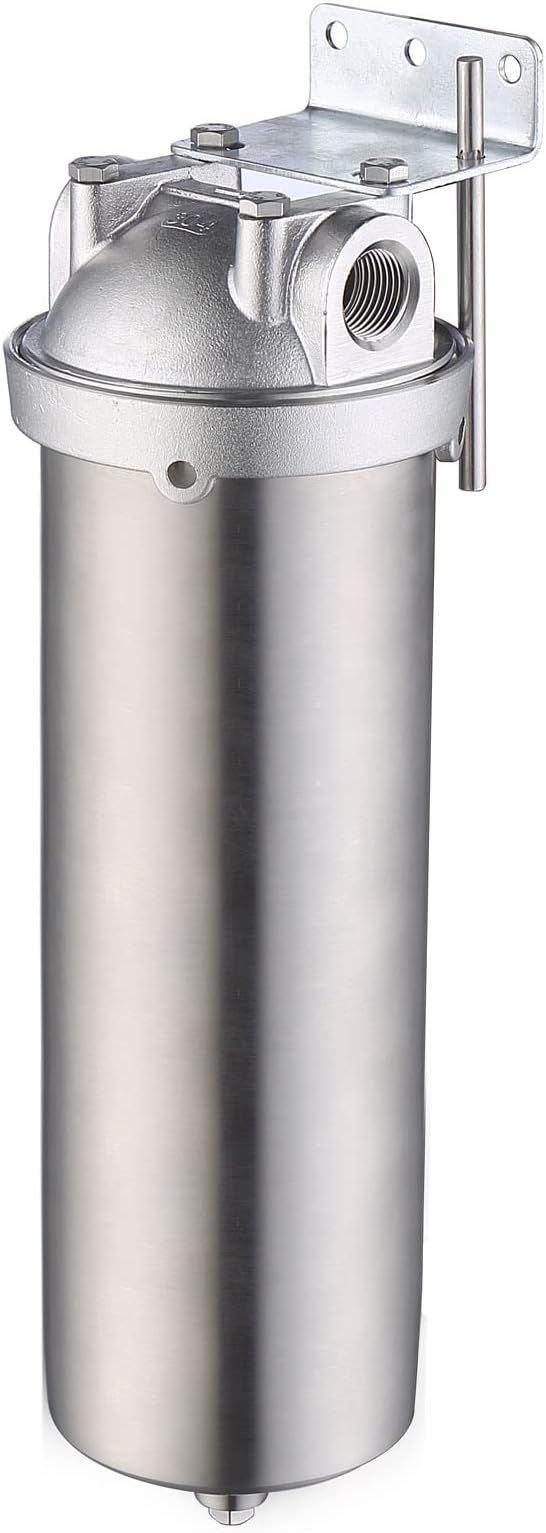 Amwater NSF/ANSI 42 Stainless Steel Whole House Water Filter Housing, 10" x 2.5" Sediment Water Filter System for Heavy Duty, Well & City Water, 1" NPT Port, Drain Valve Style C