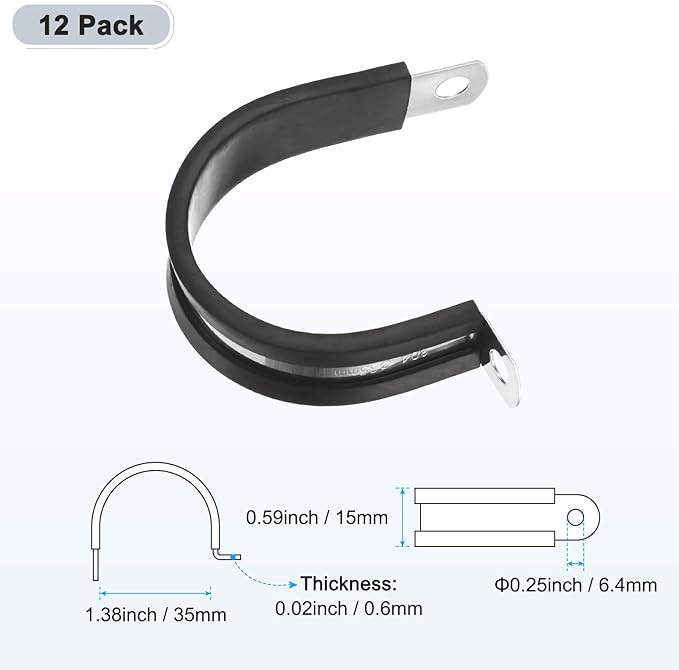 12-Pack Cable Clamps, 1-3/8 Inch/ 35 mm 304 Stainless Steel Rubber Cushioned Insulated Cable Clamp R Shape Metal Holder for Tube/Wire/Pipe/Loop Installation