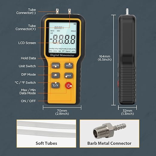 Manometer, Dual-Port HVAC Manometer with 12 Units Switch, Storage & Reminder Function, LP Gas Pressure Tester for Temperature and Pressure Testing, MMT2118563