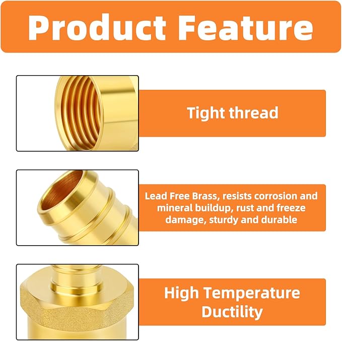 GASHER 6Pcs No Lead Brass 1/2" Pex Female Adapter, 1/2" Female NPT to 1/2" PEX Adapter for Pex Tubing