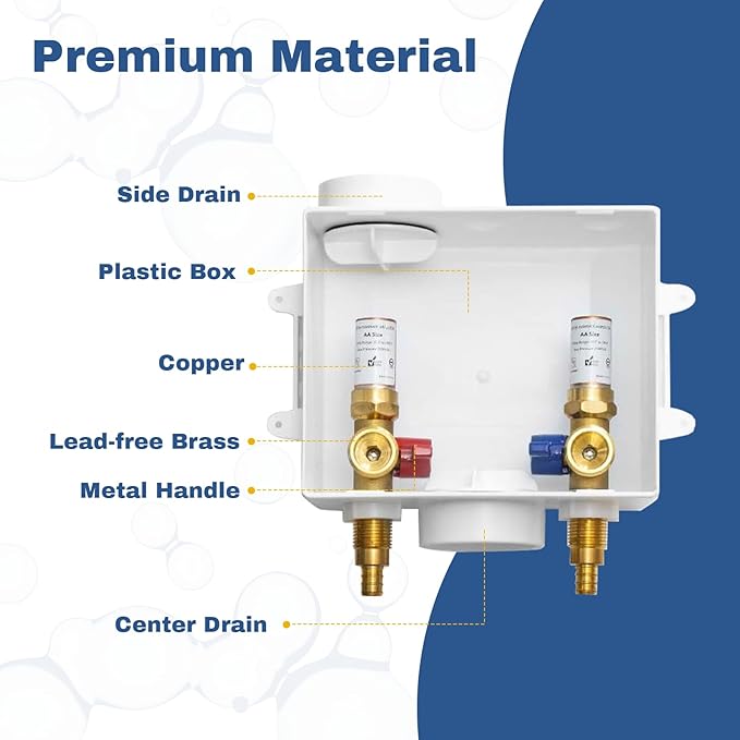 1-PACK GUOFIS Washing Machine Outlet Box with Copper Water Hammer Arrestor, PEX Laundry Washer Box with Central and Side Drain Design(1/2"PEX Crimp Connection Inlet X 3/4"MHT Outlet)(WM012)