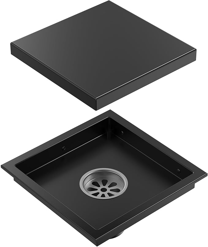 6 Inch Square Shower Floor Drain, Matte Black SUS304 Stainless Steel Grid Grate with X-Shaped High Flow Channel, Anti-Clogging Hair Strainer, Standard 2" Outlet