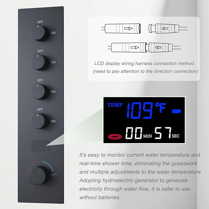 Shower Valve Concealed Shower Mixing Faucet with Temperature Display Function, Flow Control Brass Diverter Valve Kit, 4 Function Can Be Activated Simultaneously, Matte Black