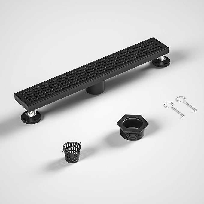 Linear Shower Drain 24", 304 Stainless Steel Floor Drain w/Hair Strainer, Rectangular Shower Drain w/CUPC Certified, Matte Black
