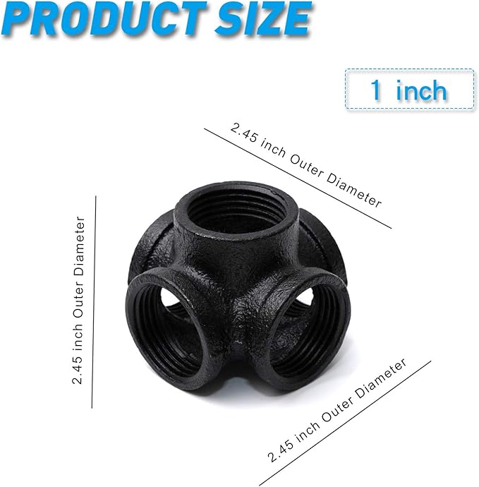 1/2" Black 5-Way Side Outlet Tee, Home TZH 4-Pack 5-Way Threaded Corner Malleable Cast Iron Pipe Fitting for Industrial Pipe, Furniture and DIY Decoration (4, Black 1/2 Inch)