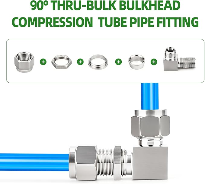 TAISHER 1PCS 304 Stainless Steel 90 Degree Thru-Bulk Bulkhead Compression Tube Pipe Fitting Connector, 3/8" Tube OD x 3/8" Tube OD Straight Adapter