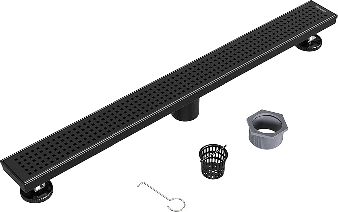 Neodrain 28-Inch Black Linear Shower Drain with Removable Quadrato Pattern Grate,Professional 304 Stainless Steel Rectangle Shower Floor Drain Manufacturer,Leveling Feet,Hair Strainer,Matte Black