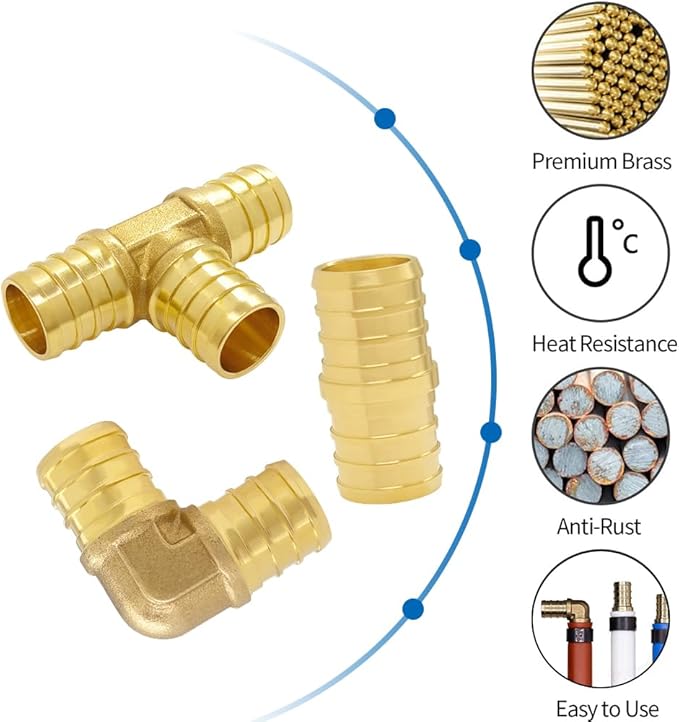 Hooshing 12PCS PEX Fittings Combo 3/4 inch, PEX Coupling (6PCS) 90 Degree Elbow (4PCS) Tee (2PCS) Brass Barb Crimp Fitting