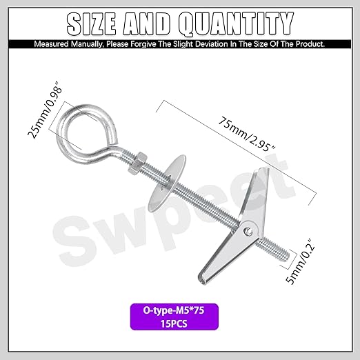 Swpeet 15 Set M5×75mm Eye Bolt Toggle Bolts and Wing Nut Kit with Hex Nuts, Washers Assortment Kit, Heavy Duty Butterfly Toggle Anchors Swag Hooks for Hanging Heavy Items on Drywall