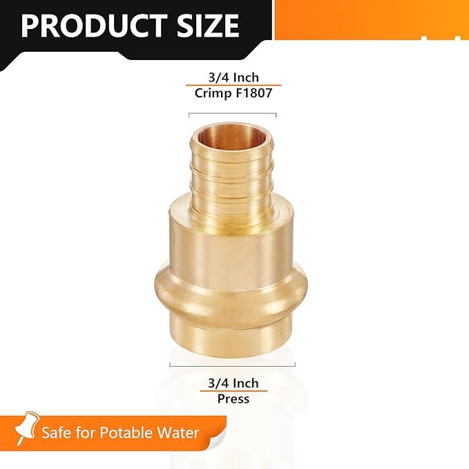 10-Pack HeSun Copper Press Fitting Adapter,3/4" PRESS X 3/4" PEX F1807 Crimp Coupling, LF Brass(PEX1807346)