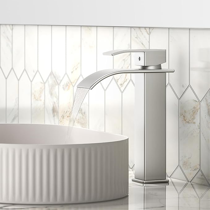 Rywuanku Tall Brushed Nicklel Bathroom Faucet Waterfall Spout, Single Handle Sink Faucet with Pop-up Drain & Deck Plate, Modern 1 Hole Vanity Faucet for RV, Farmhouse, Camper or Bathroom