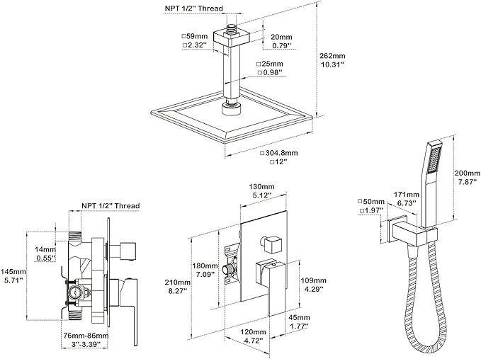 Shower System 12 Inches Rain Shower Combo Set Brushed Nickel Ceiling Mount Shower Faucet Bathroom Faucets with Rainfall Shower Head and Hand Shower