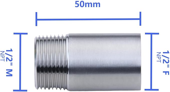 CONSTELLAR 304 Stainless Steel Pipe Fitting - 1/2" NPT Male x 1/2" NPT Female Threaded Thickened Pipe Wall, 50mm (2 inch) Length Heavy Nipple Seamless Pipe (1 Pcs)