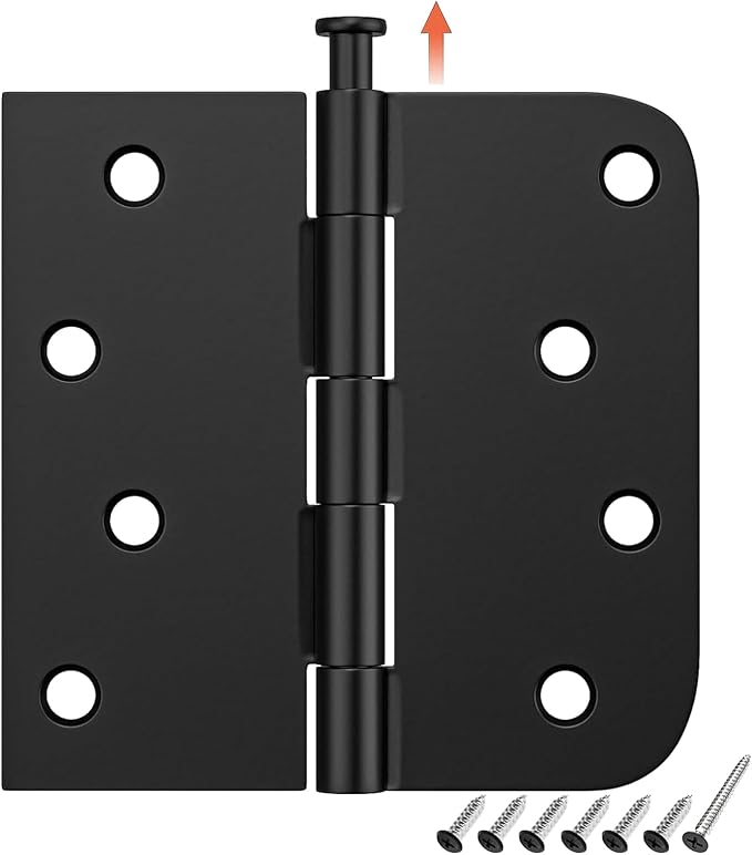 HOSOM 6 Pack Black Exterior Door Hinges 4 Inch, 5/8" Radius, Removable Pin, Perfect for Heavy-Duty Front & Back Door, Antirust & No Squeaks