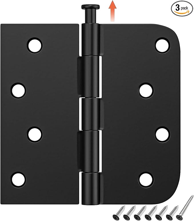 HOSOM 3 Pack Black Exterior Door Hinges 4 Inch, 5/8" Radius, Removable Pin, Perfect for Heavy-Duty Front & Back Door, Antirust & No Squeaks