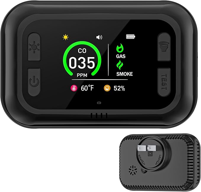 Carbon Monoxide Detector Plug in Wall, 5 in 1 Natural Gas Detector & Smoke Alarm with HD Digital Screen, Portable Smoke Detector for Travel, CO Propane Gas Detector for Home Hotel Camping RV (Black)