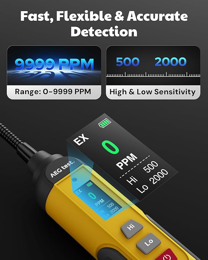 AGT-1988PRO Rechargeable Natural Gas Detector, Gas Leak Detector with 6.9-Inch Neck, TFT Color Display, 0–9999PPM Range for Combustible Leaks Like Propane, Methane for Home & RV - Yellow