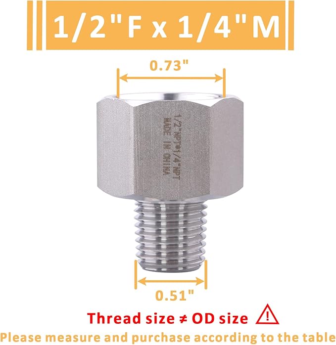 Forged Reducer Adapter Fitting - Stainless Steel 304 Reducing Pipe Connector, 1/2" NPT Female x 1/4" NPT Male (pack of 5)
