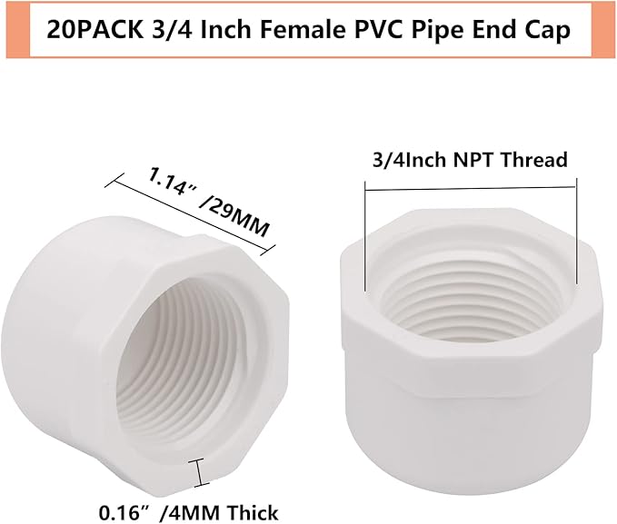 20PACK 3/4 Inch Female PVC Pipe End Cap 3/4 Inch Female Threaded Plug Adapter, SCH 40 PVC Pipe threaded Cap Fitting for Plumbing Water Line, White