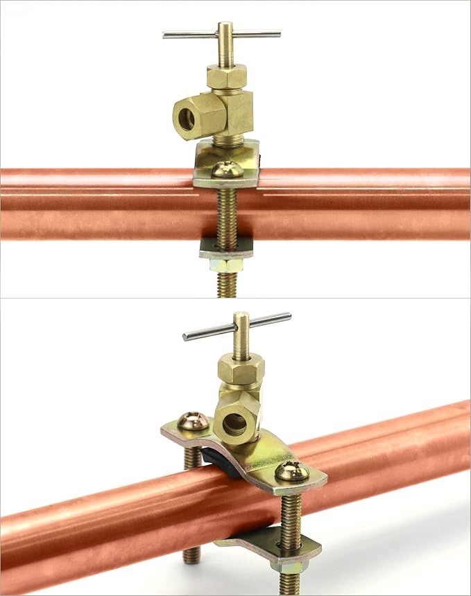 QWORK Self-Tapping Saddle Valve, Pack of 2, Copper Needle Valve with 1/4" Compression Outlet, Fit 3/8" to 1-1/4" OD Tube