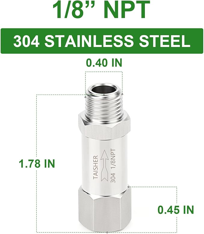 TAISHER 1PCS 304 Stainless Steel 1/8" NPT Male x 1/8" NPT Female Check Valve,Backflow Prevention,One Way Non-Return Check Valves