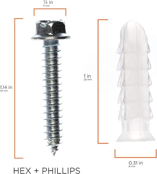 THE CIMPLE CO Ribbed Plastic Conical Anchors and Screws - for Concrete, Stucco, Brick, Drywall, and Similar - Kit of 100 Screws, and 100 Anchors