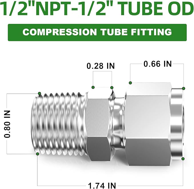 TAISHER 5PCS 304 Stainless Steel Compression Tube Pipe Fitting Connector, 1/2" Tube OD x 1/2" NPT Male Straight Adapter