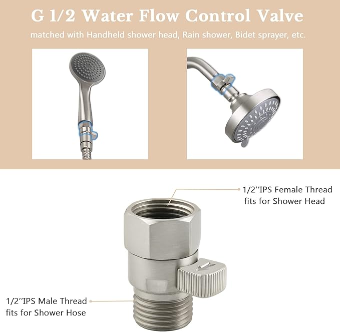 APLusee Shower Head Shut Off Valve, Solid Brass Water Flow Restrictor with Adjustable Lever, Brushed Nickel