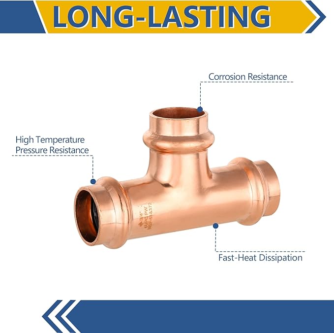 100-Pack GUOFIS Copper Press Tee,3/4" x 3/4"x 3/4" Tee Fittings for Copper Tube Connection with Stop(PRESS016-100PCS)