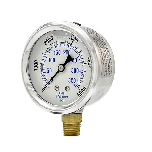 PIC Gauges PRO-201L-254R 0-5000 PSI Pressure Gauge, 2 1/2" Dial, 1/4" Male NPT Connection, Bottom Mount, Dual Scale, Glycerin Filled, Stainless Steel Case/Bezel, Brass Internals & Plastic Lens