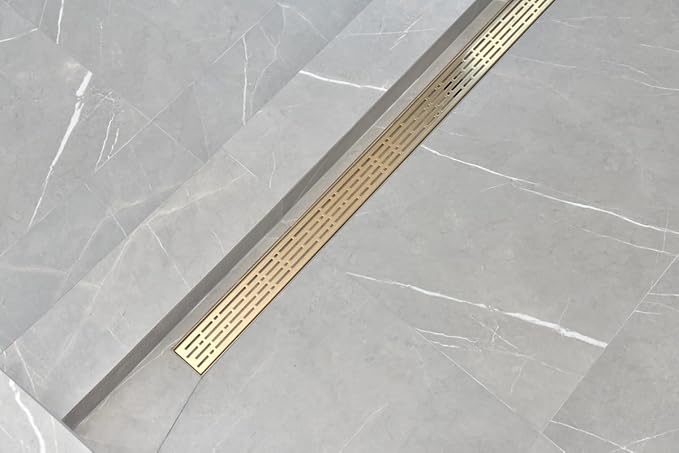 SereneDrains 304 Stainless Steel 60 Inch Brushed Gold Shower Drain Kit Broken Lane Brass Linear Shower Drains Long Hair Catcher Strainer Grate Cover Bathroom Floor (Matte Gold, 59 Inch)