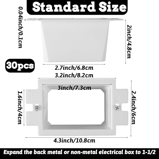 BE1-2 Electrical Outlet Box Extender with 60 Screws, 30 PCS 1-Gang Electric Extension Box Kit Single Gang Weatherproof & Fire Rated PVC Electrical Power Switch Receptacles Accessories