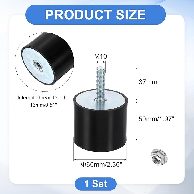 uxcell M10 Rubber Mounts, 1Pcs 60x50mm(DxH) Rubber Cylindrical Anti Vibration Isolator Shock Absorber with Lock Nut for Car Bobbin Generator Air Compressors
