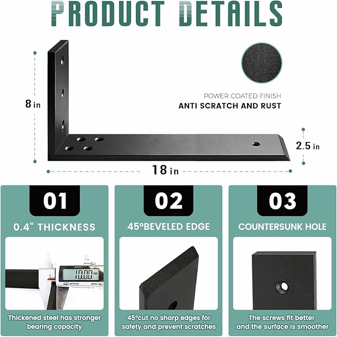 Countertop Support Brackets 2 Pack L Bracket Countertop Brackets 18" x 8" x 2.5" Heavy Duty 3/8" Thick Shelf Brackets Metal Corbels L Shape Bracket for Wood Shelf/Quartz/Granite/Concret Countertops