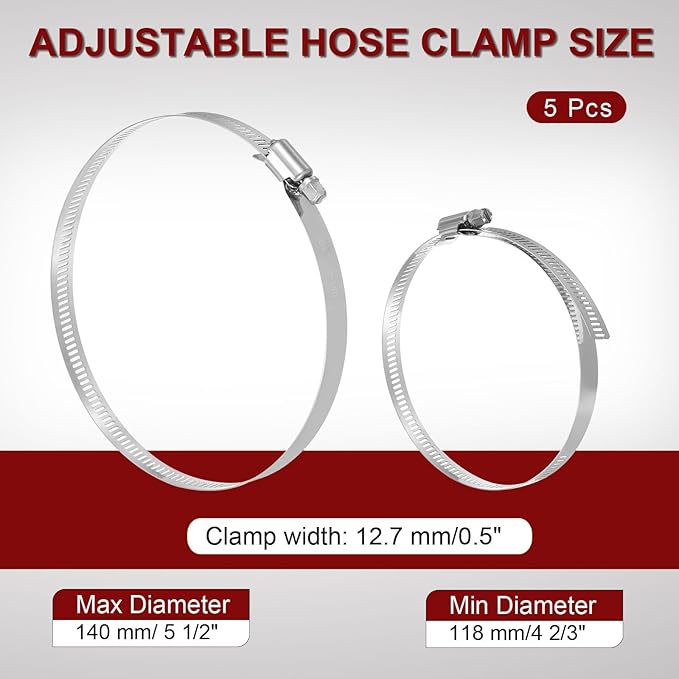 MECCANIXITY 5 Inch Stainless Steel Hose Clamp, Worm Gear Clamp Adjustable 4 2/3"-5 1/2"(118-140mm) Fuel Line Hose Clamps Duct Clamp for Pipe Plumbing Automotive Mechanical (Pack of 5)
