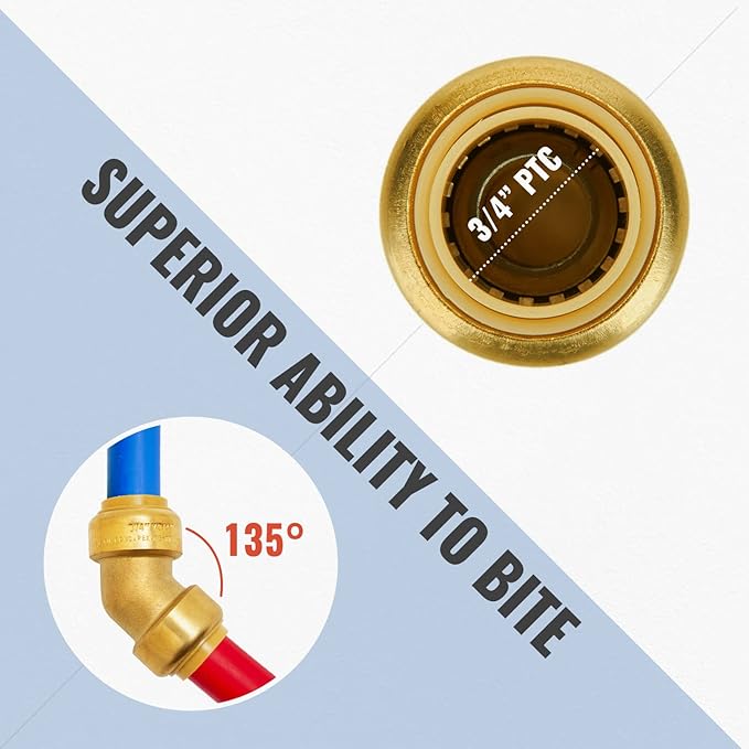 SUNGATOR 3/4 Inch 45 Degree Elbow, No Lead Brass Plumbing Fittings Push to Connect PEX Pipe, Copper, CPVC, PE-RT, with 1 Disconnect Clip, Pack of 3
