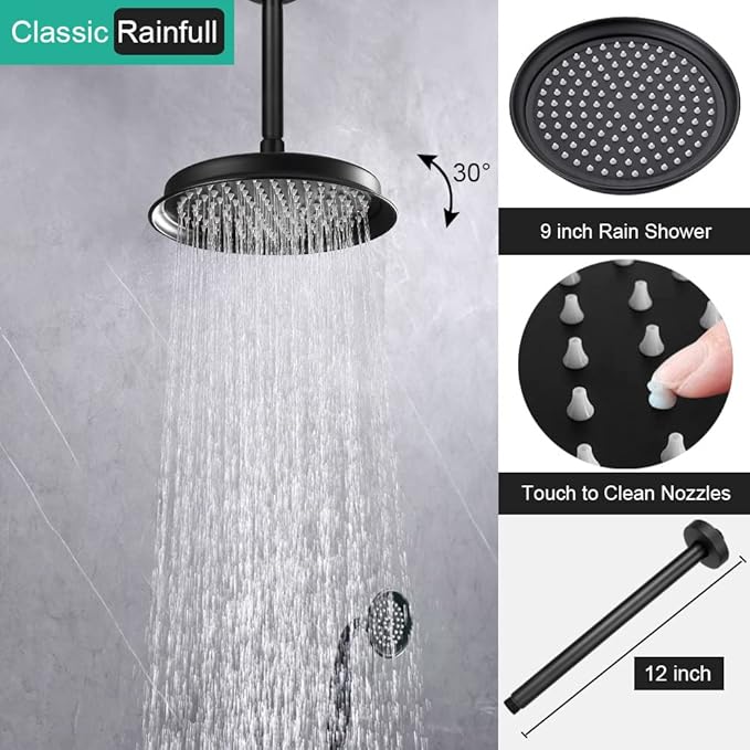 Homekice Antique Shower Faucet-Sets Complete Fixtures: 9 inch Ceiling Rain Head with Handheld Spray and Body Jets, 3 Way Diverter Brass Rough in Valve System Included Trim Kit, Matte Black