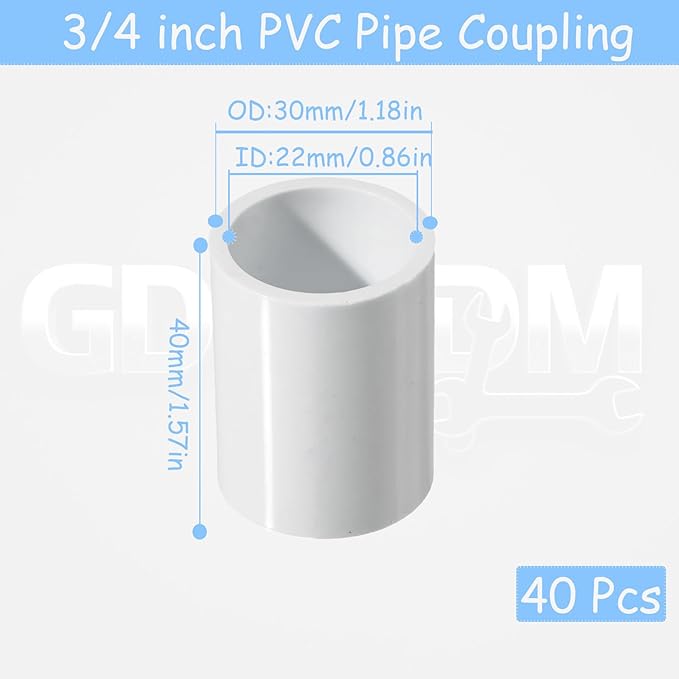 40 Pack 3/4" PVC Pipe Coupling, PVC Slip Socket Fitting Adapter Connector, Sch40 Pipe Fittings Straight Pressure Fittings (White)