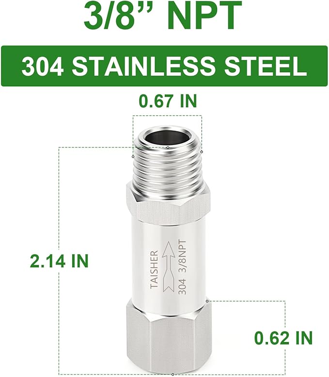 TAISHER 1PCS 304 Stainless Steel 3/8" NPT Male x 3/8" NPT Female Check Valve,Backflow Prevention,One Way Non-Return Check Valves