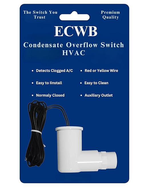 SS2 AC Float Switch AC Float Safety Switch HVAC 3/4 Inch Condensate Shut Off Sensor Can Prevent Overflow in Drain Pan or Gravity Drain Used in Various Applications. ECWB