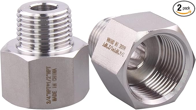 Forged Reducer Adapter Fitting - Stainless Steel 304 Reducing Pipe Connector, 3/4" NPT Female x 1/2" NPT Male (pack of 2)