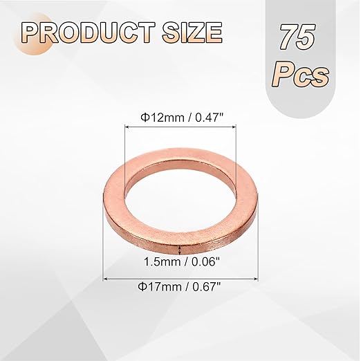uxcell 75Pcs M12 Flat Washer Copper Washer Sealing Rings, 12mm ID 22mm OD 1.5mm Thickness Copper Crush Washers Metric Sealing Gasket for Plumbing Machinery Automotive