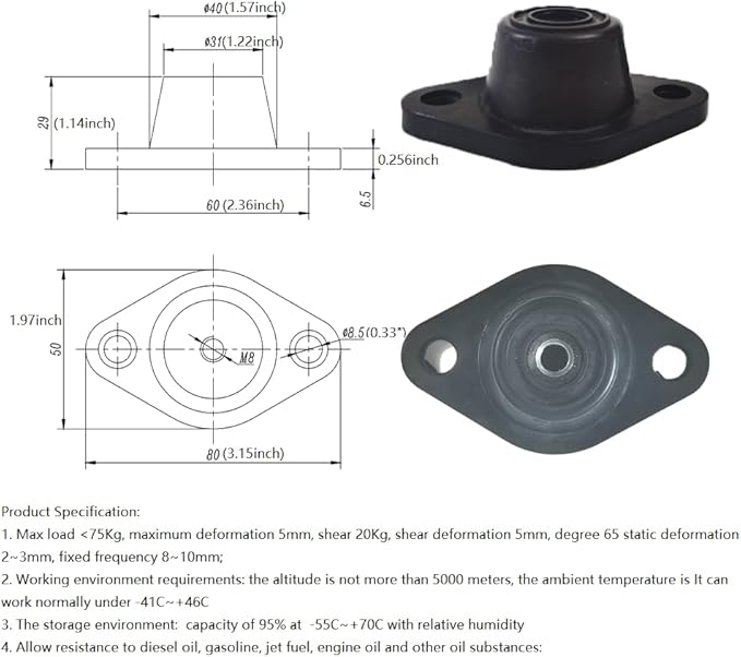 M8 Rubber+metal Anti-Vibration Turret Mounts, Rubber-in Shear Floor Mount, Compression Isolator Mounts for Pumps, Compressors-4PCS