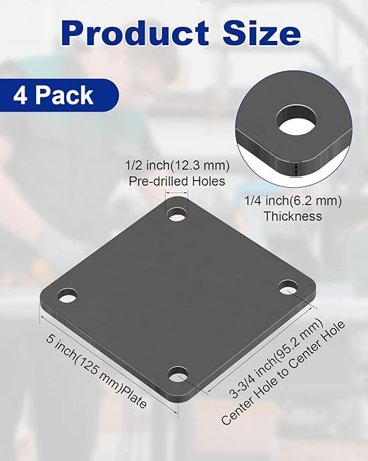 Rocaris 4 Pcs 5 X 5 X 1/4 Inch A36 Steel Plate Hot Rolled, Steel Base with 4 Holes Metal Square for Construction Boards, Structure Support, Weldable Square and Industrial