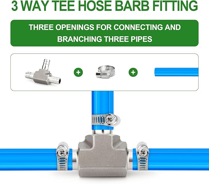 TAISHER 1PCS Forging of 304 Stainless Steel 3 Way Tee Hose Barb Fitting, 3/8" x 3/8" x 3/8" Hose Barb for Fuel/Air/Lquid/Gas with 3PCS Hose Clamp