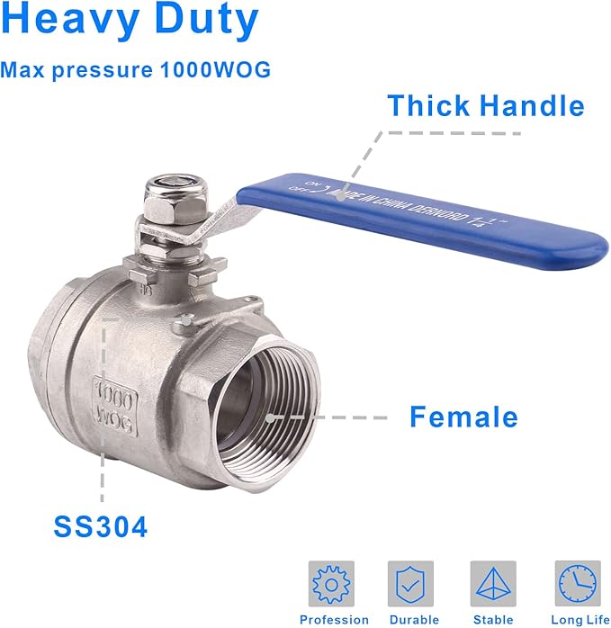 DERNORD Full Port Ball Valve Stainless Steel 304 Heavy Duty for Water, Oil, and Gas with Blue Locking Handles (1-1/4" NPT)