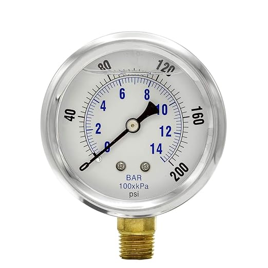 PIC Gauge PRO-201L-254G Glycerin Filled Industrial Bottom Mount Pressure Gauge with Stainless Steel Case, Brass Internals, Plastic Lens, 2-1/2" Dial Size, 1/4" Male NPT, 0/200 psi