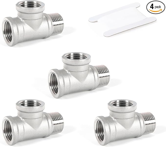 Kodilin Pipe Fittings 304 Stainless Steel Tee Pipe Fittings, Male Run Tee 1/2" NPT Female x 1/2" NPT Female x 1/2" NPT Male Thread Adapter - 4PCS