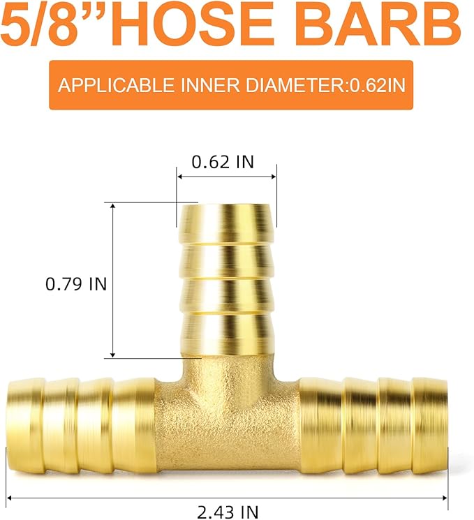 GASHER 2 Pieces Brass Hose Barb Tee, 3-Way Tee Hose Fitting (5/8" x 5/8" x 5/8" Hose Barb) with 6 Hose Clamps