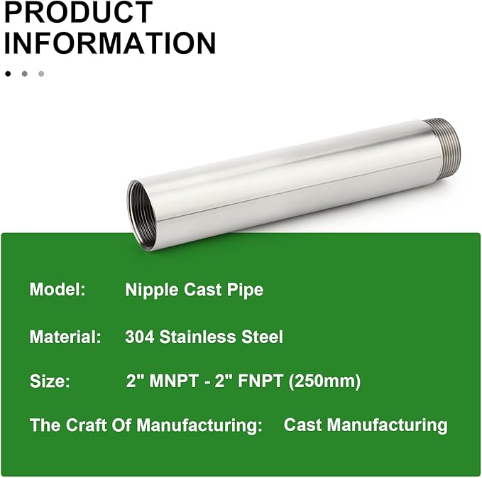 TAISHER 1PCS Stainless Steel Pipe Fittings, 2" NPT Male x 2" NPT Female Threaded, 10" Length Nipple Cast Pipe